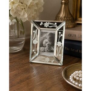 Vintage Carr Frames Mirrored Glass Floral Etched Picture Frame 2x3 Silver